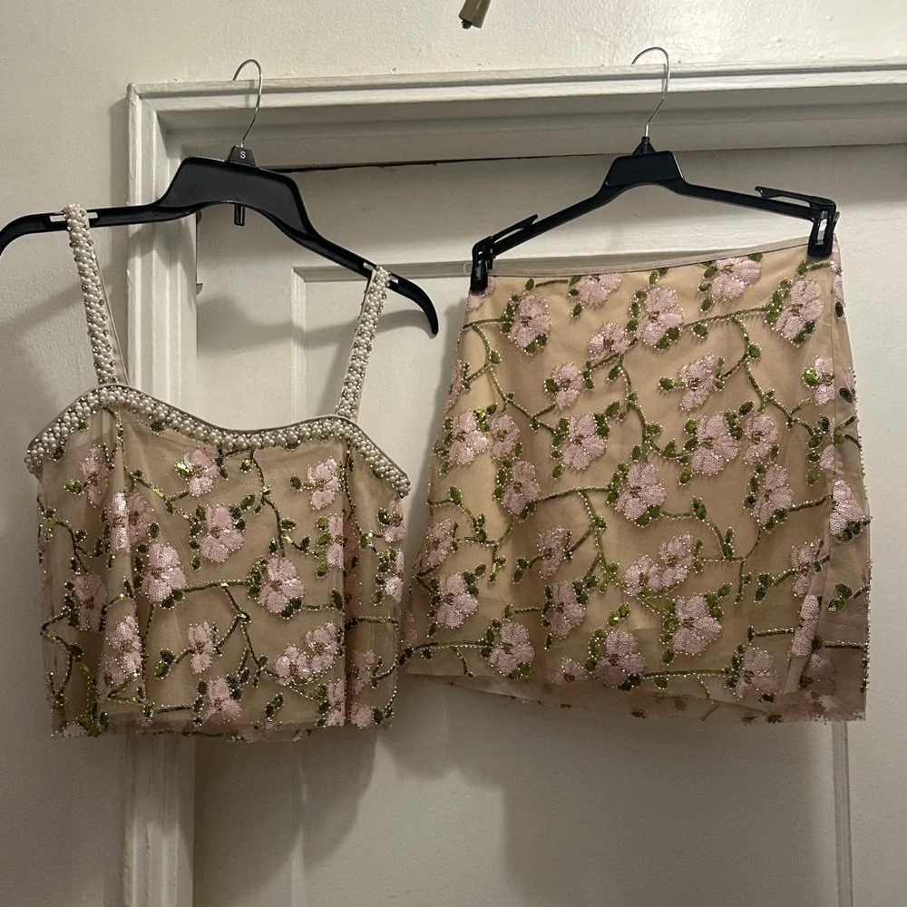 Elegant Floral Embroidered Skirt Set in Cream, Green and Pink